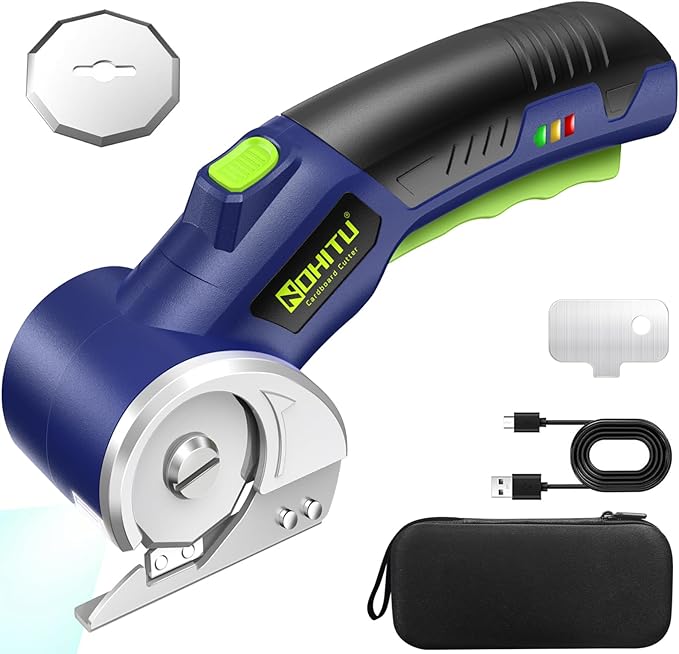 Electric Box Cutter: 4V Rechargeable Rotary Cardboard Cutter, 3000mAh Battery, with LED Light & Safety Lock, 2 Blades, Cordless Electric Scissors for Fabric Carpet Carton Plastic Leather Cloth (Blue)