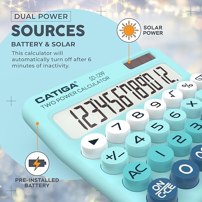 CATIGA Mechanical Switch Calculator with Solar and Battery Dual Power, 12-Digit Large LCD Display, Aesthetic and Cute Desktop Calculator with Big Button, for Home, School and Office Use, SD-1299