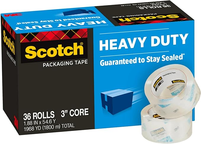 Scotch Heavy Duty Shipping Packing Tape, Clear, Shipping and Packaging Supplies, 1.88 in. x 54.6 yd., 36 Refill Tape Rolls