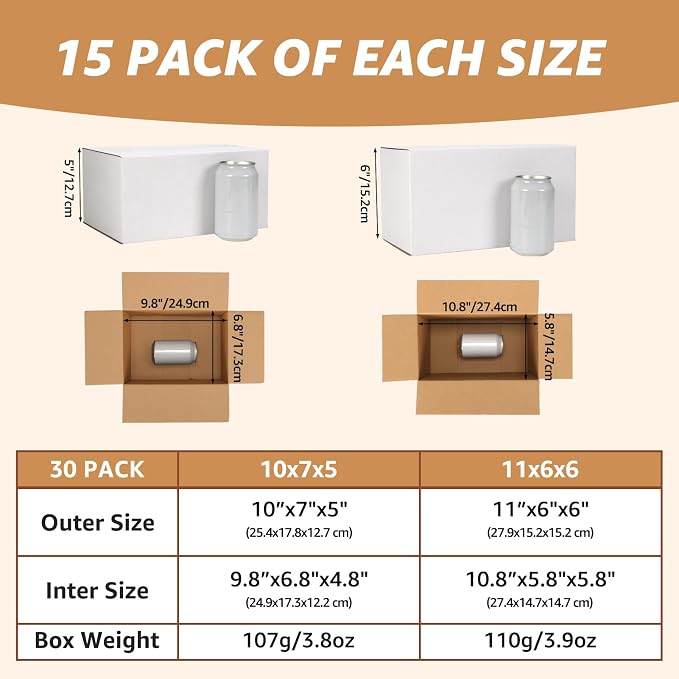 30 Pack 10x7x5, 11x6x6 Assorted Sizes Shipping Boxes for Small Business, Each Size 15 Pack, White Corrugated Cardboard Small Box for Packaging, Moving, Mailing, and Storing