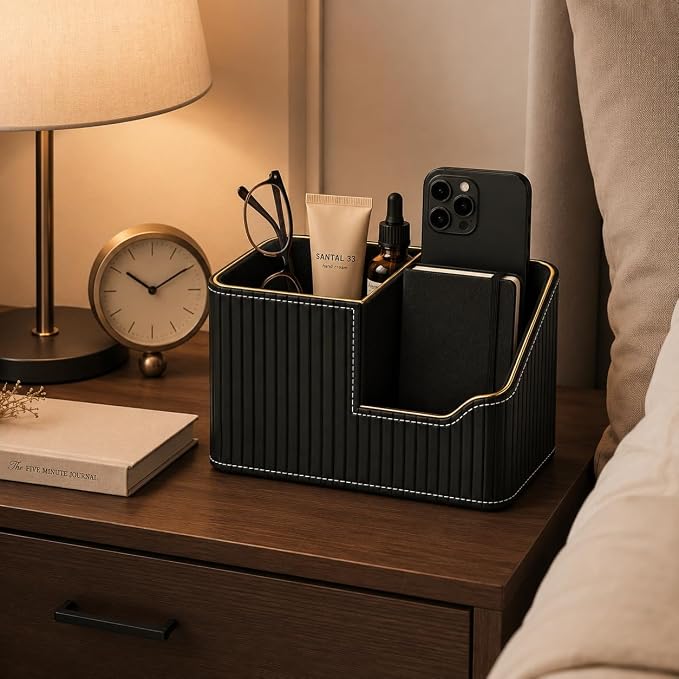 Luxury Black PU Leather Desk Organizer with Gold Trim, Premium Pen Holder for Desk Accessories, Modern Office Supplies Organizer for Home Office Desk Decor