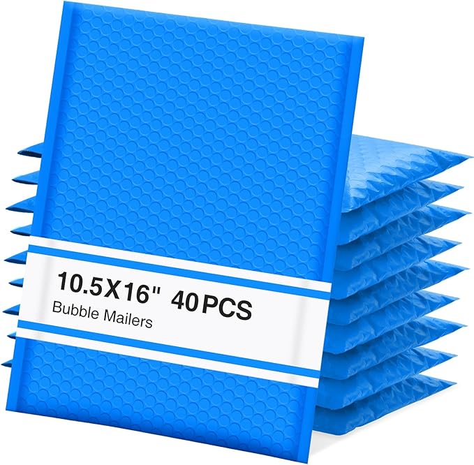 UCGOU Bubble Mailers 10.5x16 Inch 40 Pack Usable Size 10.5x15 Inch Large Padded Envelopes Blue Waterproof Packaging Bags for Shipping Self Seal Strong Adhesion Envelopes for Jewelry Makeup Supplies