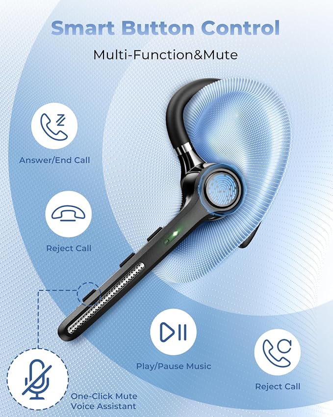 Bluetooth Headset V5.4, Bluetooth Earpiece with 500mAh Charging Case, 50H Talk Time Wireless Headset with Mic for Computer Cell Phones, Hands Free Noise Canceling Headphones for Work Trucker
