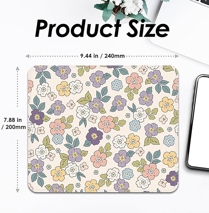 Mouse Pad with Stitched Edges - Cartoon Floral Mousepad for Women, 9.25 x 7.75 inch Washable Square Desk Pad, Non-Slip Rubber Base, Office Home Laptop Accessories - Cartoon Florals