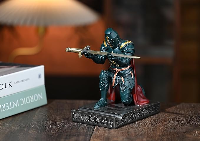 Medieval Templar Vanguard Officer Knight Pen Holder Desk Organizers Green | Pencil Stand Paperweight Desktop Decoration Accessories Cell Phone Stand with a Fancy Sword for Medieval Warrior Enthusiast