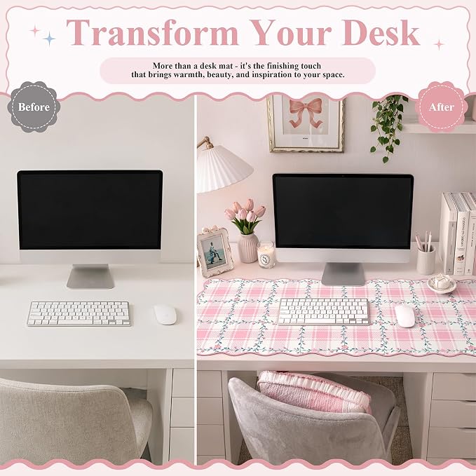 iCasso Light Pink Scalloped Writing Pad, 35.4"x15.7" Table Mat for Desk | Retro Non-Slip Base Scalloped Mousepad for Classroom, Floral Desk Pad Stitched Edges for Gaming Office Study Space