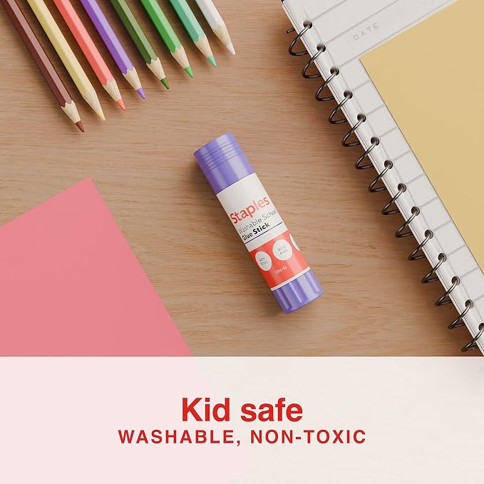 Staples Washable Glue Sticks, 0.28 Oz, Purple, 18-Pack | Easy-clean adhesive for school, crafts, and everyday home projects.
