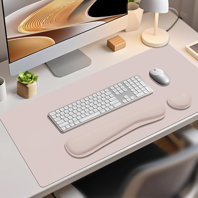 Mouse Pad and Keyboard Wrist Rest, Large Keyboard and Mouse Pad Set, Ergonomic Mousepad with Wrist Rest, Non-Slip Desk Mat Protector for Office, Home (35.4×15.7 Inches, Cream Pink)