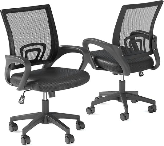 Home Office Chairs, Ergonomic Mid-Back Mesh Desk Chairs with Lumbar Support, Adjustable Swivel Rolling Design, Comfy Armrest for Work, Study, Gaming, Vanity, Black, 2 Pack