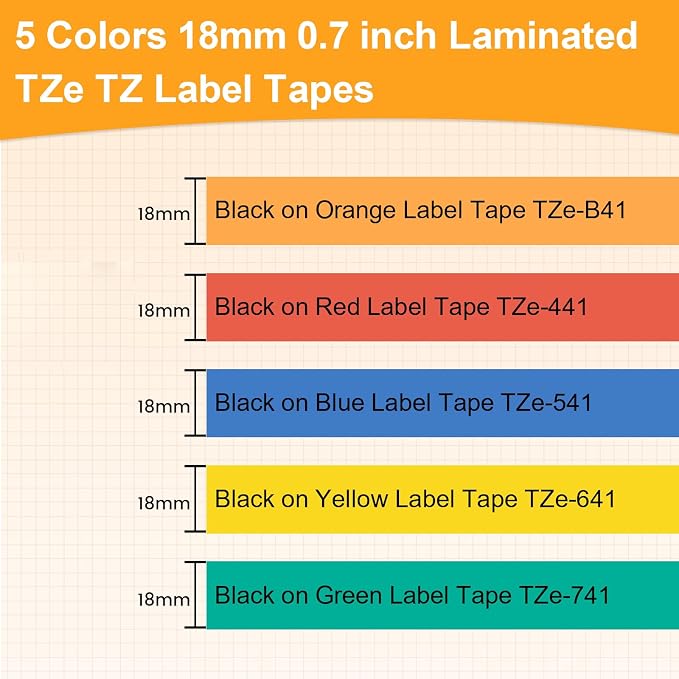 Replacement for Brother P Touch Label Maker Tape TZe TZ Tape 18mm 0.7 Inch | Laminated Black on Orange/Red/Blue/Yellow/Green Compatible with Brother P Touch PT-D400 D410 D600 1880, 3/4 inch, 5-Pack