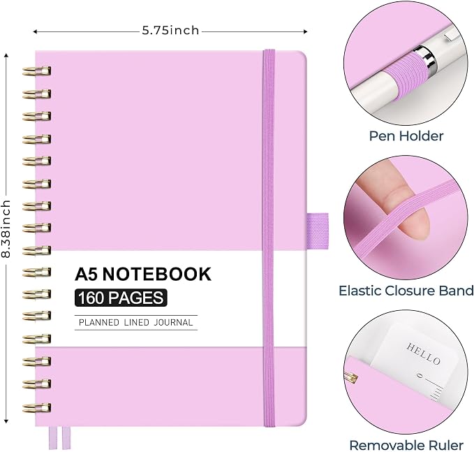 AHGXG Spiral Journal Notebook, 160 Lined Pages, A5 Size (5.7'' x 8.3'') | for Men & Women, Journaling, Writing, Work & Office, Hardcover, 100 GSM Thick Paper (Purple)