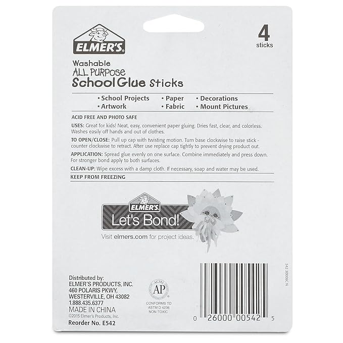 Elmer's All Purpose School Glue Sticks, Clear, Washable, 4 Pack, 0.24-ounce sticks