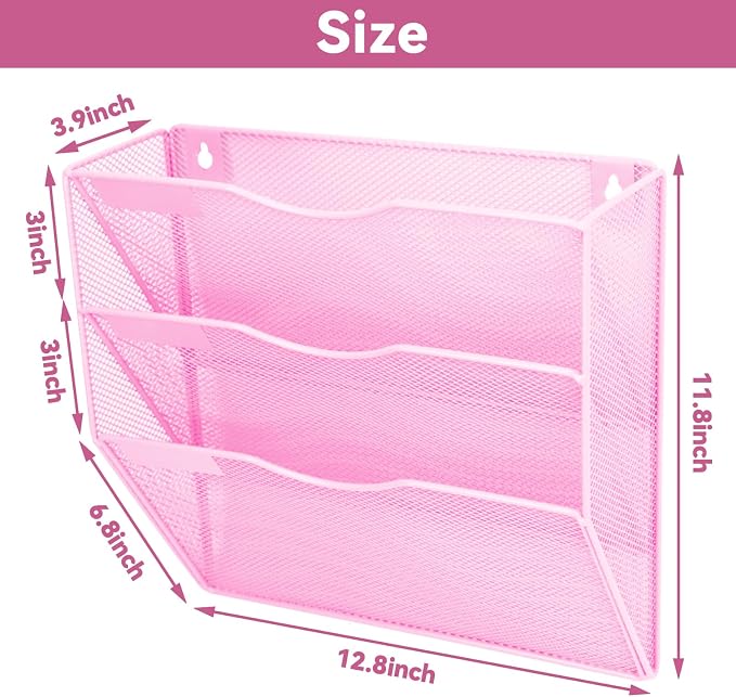 3 Pockets Mesh Wall File Holder Organizer Office Hanging File Folder Magazine Rack, Nametag Label Hooks Set Included (Pink)