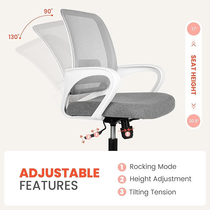 NEO Chair Office Desk Ergonomic Mesh Computer Chair with Lumbar Support Adjustable Height Swivel Rolling Wheels Comfy Mid Back Task Chair for Home Bedroom Vanity Study (Grey)