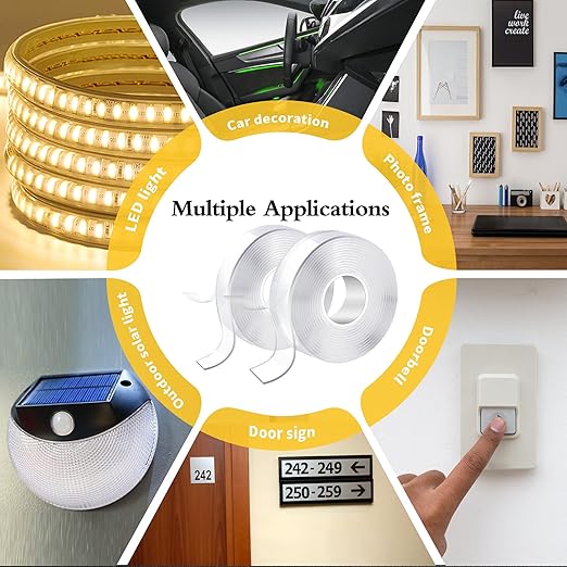 KUSUFEFI Double Sided Adhesive tape Heavy Duty, Double Stick Mounting (2 Rolls, Total 20FT), Clear Two Sided Wall tape Strips, Removable Poster tape for Home, Office, Car, Outdoor Use