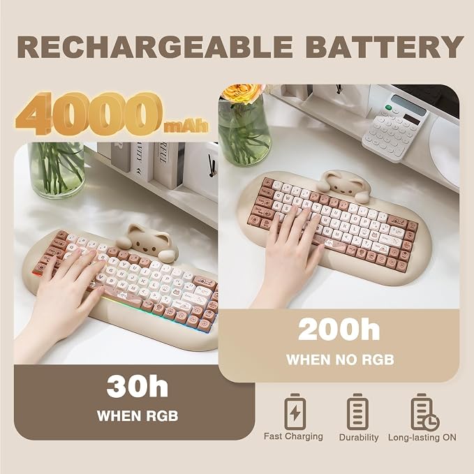 YUNZII C68 Silicone Cute Cat Mechanical Keyboard (Brown,Cocoa Cream Switch) | Wireless Triple Mode BT5.0/2.4G/Wired, RGB Backlit NKRO, Cute Cat Silicone Ergonomic Design for Win/Mac