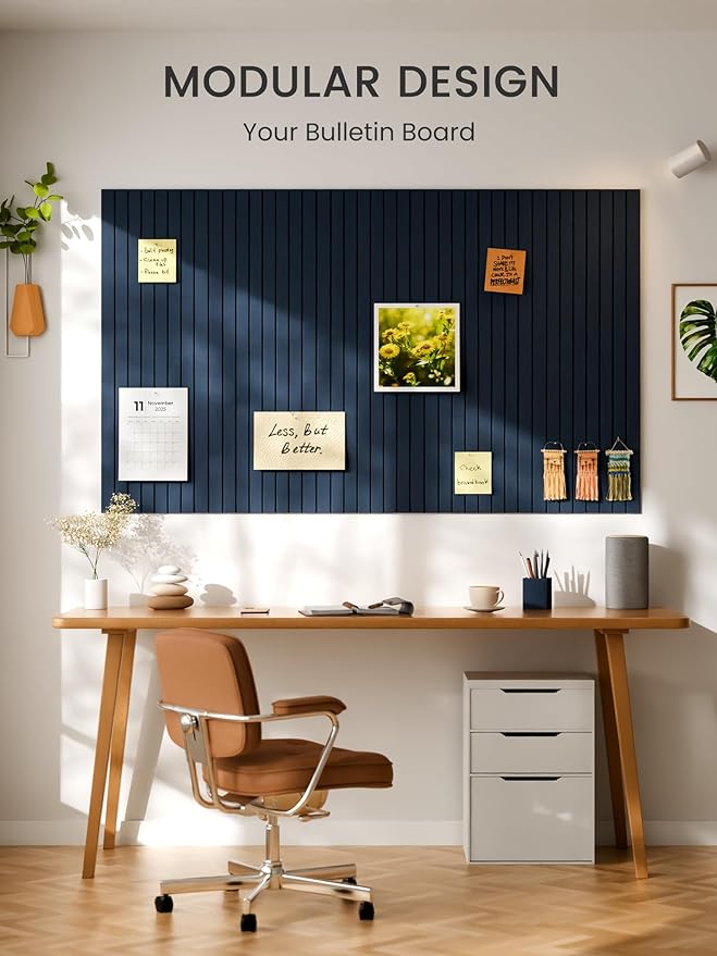 Bumusty Large Cork Board Alternative-36 x 24" Felt Bulletin Board Tiles, with 30 Pushpins, 40 Adhesive Tabs, 6-Pack Slat Wall Paneling, Cork Boards for Office Push Pin Board Felt Board-Carbon Blue