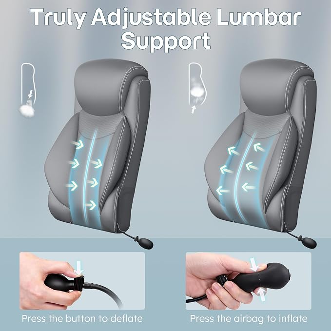 Ergonomic Office Chair, Big and Tall Office Chair, Executive Chair- Padded Leather Comfy Chair with Adjustable Lumbar Support & Flip-Up Arms, Rocking Swivel Chair for Home Office,Gray
