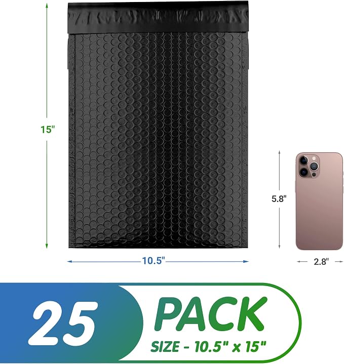 Poly Bubble Mailers, 10.5 x 15 Inch Matte Black Padded Mailers, Self Seal Shipping Envelopes, Lightweight Poly Mailer Bags, Waterproof Mailing Bags, Pack of 25