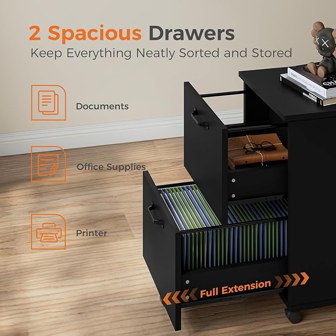 2 Drawer Filing Cabinet, Wood Rolling Filing Cabinets with Printer Stand, Under Desk Storage Lockable Wheels, Home Office Organizer for A4 Letter Legal Size Documents,Black