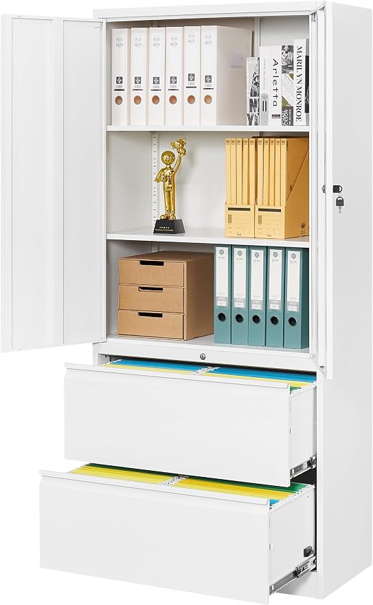 Storage Cabinet Metal Display Cabinet with Glass Doors, 71in H x 31.5in W x 15.7in D, White, Kitchen Pantry Cabinet for Home Office, Bathroom, Bedroom, Living Room