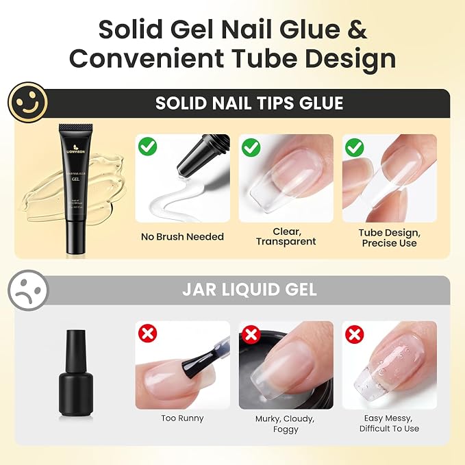 LIONVISON Solid Gel Nail Glue: 28+ Days Long-Lasting for DIY Beginners | UV Cured Adhesive for Press On Nails & Tips Extension - 15g 0.5 fl.oz Tube for DIY Beginners at Home
