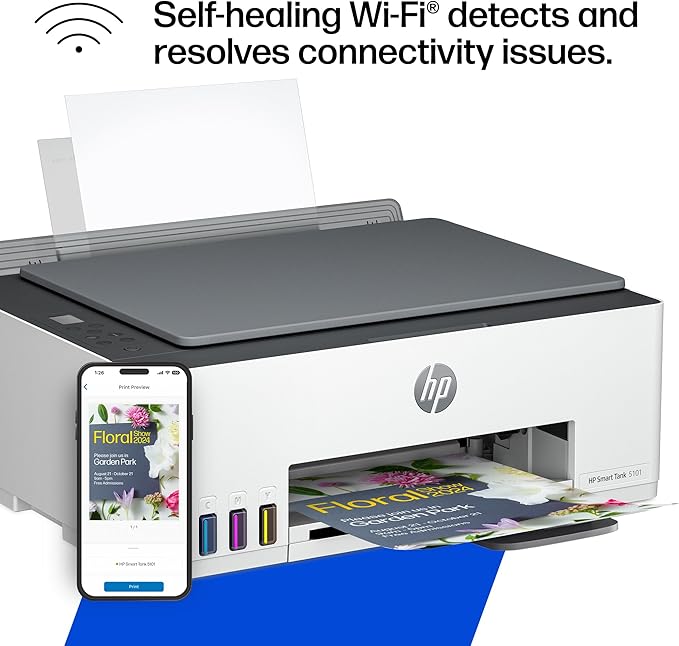 HP Smart Tank 5101 Wireless All-in-One Refillable Printer, Scanner, Copier with 2 years of Ink included, Wireless printer-for-home use an EcoTank Alternative (1F3Y0A)