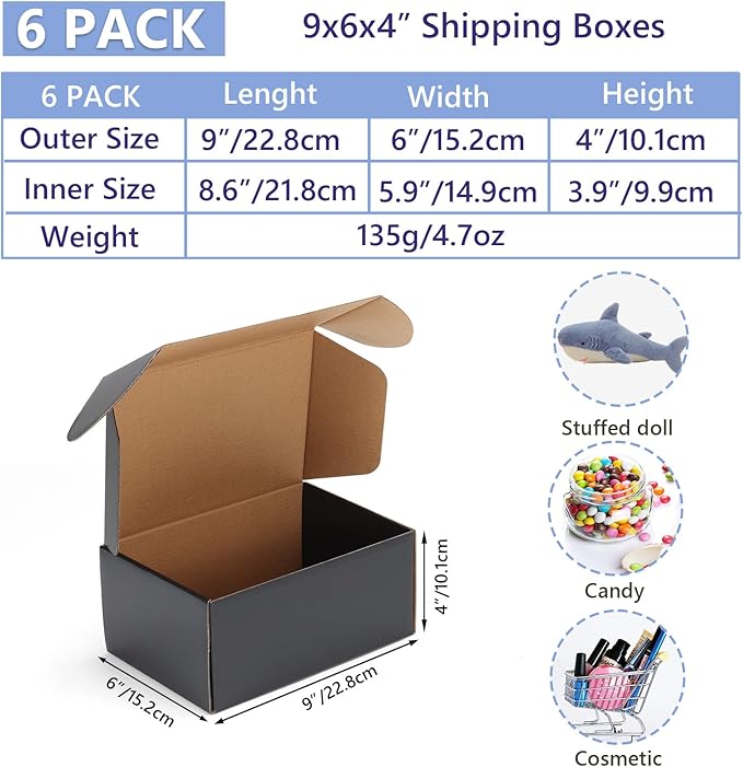 EXYGLO 6 Pack 9x6x4 Shipping Boxes, Black Corrugated Cardboard Boxes for Packaging Small Business, Moving, Shipping, Mailing, and Storing