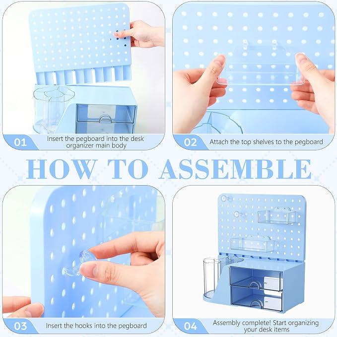 Novabright Desk Organizer with Drawers, Rotating Pen Holder with 5 Slots & Pegboard, Back to School & First Day of School Gifts, Multifunctional Desktop Storage for Desk Home Office Supplies(Blue)