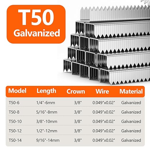 1/2 Inch Length Heavy Duty T50 Staples 1420-Count Galvanized | 3/8" Crown 20 Gauge Beveled Chiseled Pointed Galvanized Staples fit Pneumatic Electric Manual T50 Stapler Gun