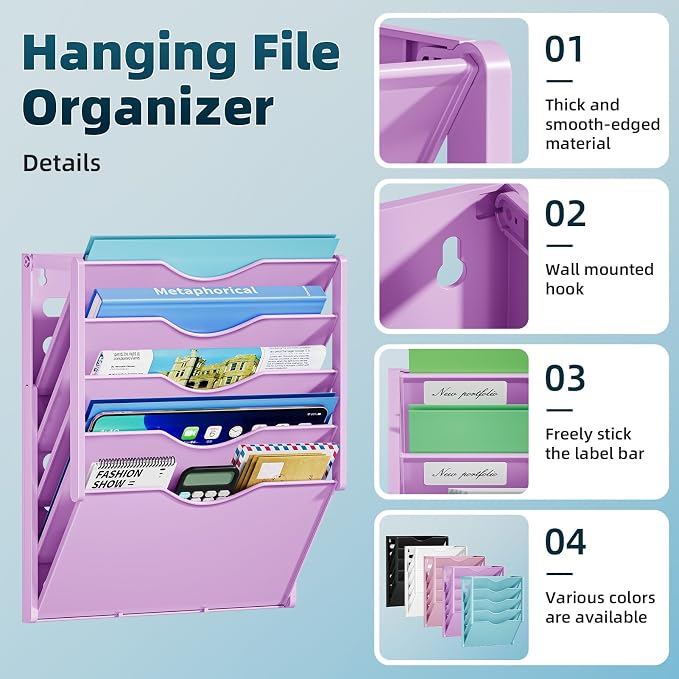 Marbrasse 5 Tier Wall File Organizer, Plastic Hanging File Holder for Mail, Magazines Paper Organizer Wall Mounted for Office Home (Purple)