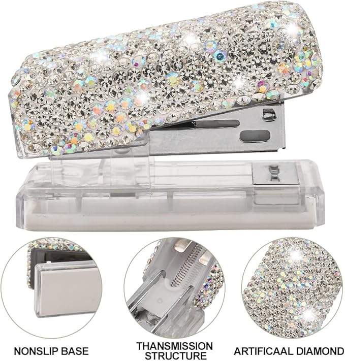 Bling Rhinestone Stapler, Sparkly Diamond Staplers, Cute Desk Stapler for Women & Girls, Bling Crystal Machine Pretty Office Stationery Kit (Clear with AB Color Plated, Small)