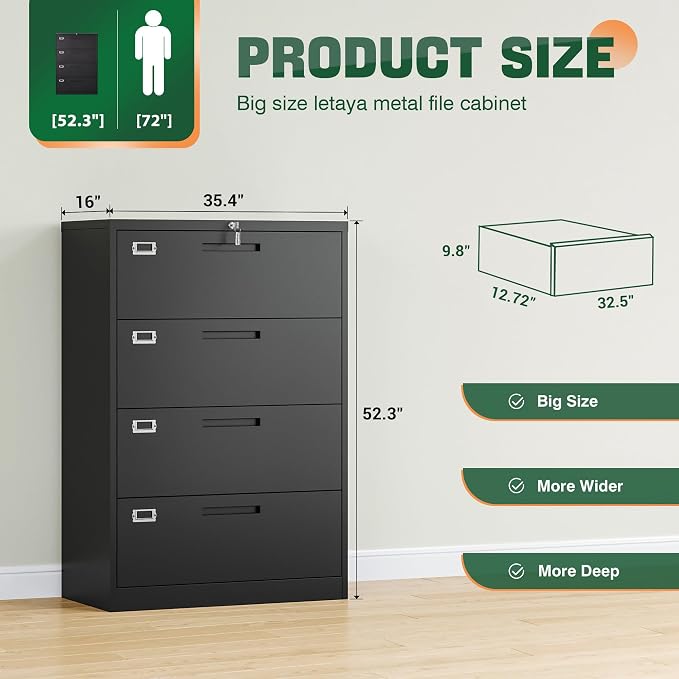 File Cabinets,4 Drawer Metal Lateral Filing Organization Storage Cabinets with Lock,Home Office for Hanging Files Letter/Legal/F4/A4 Size (Require Assembly)