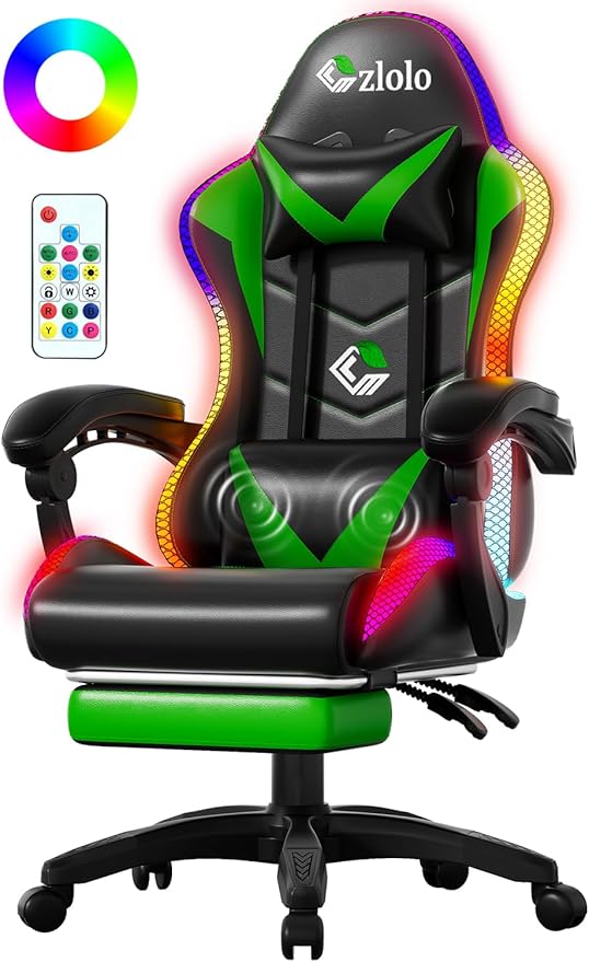 Gaming Chair, RGB LED Lights Computer Chair with Footrest, Lumbar Support Massager Gamer Chair, High Back, 90-135° Reclining, Linkage Armrests, Green