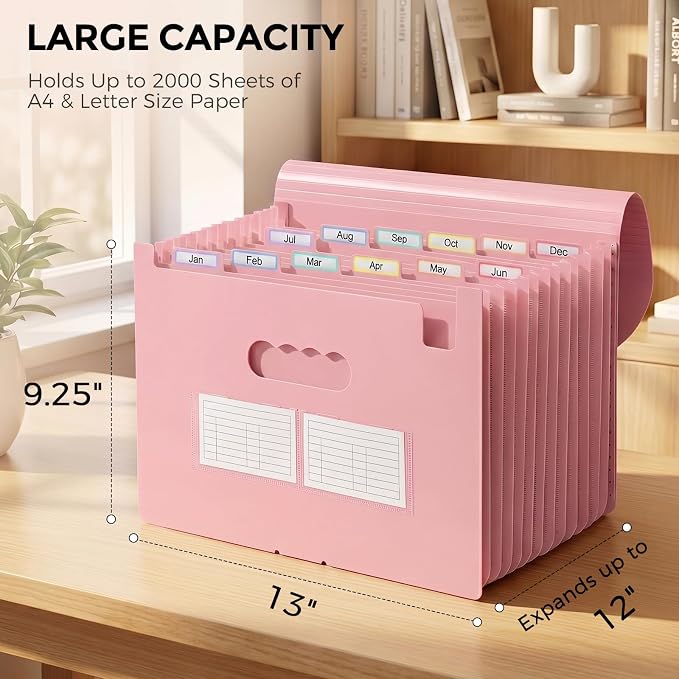 SKYDUE Accordion File Organizer, Expanding File Folder with 13 Pockets, Portable Document Paper Bill Receipt Organizer, Home School Pink Office Supplies, Letter A4 Size