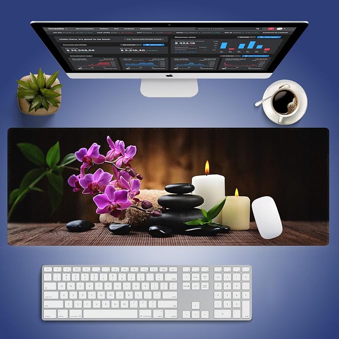 Tranquil Zen Spa Large Mouse Pad, Peaceful Scene Still Life Desk Mat | Natural Ambiance of Candles, Stones & Orchids Flowers, 31.5" x 11.8", XXL Gaming Stitched Keyboard Mat, Smooth, Anti-Slip