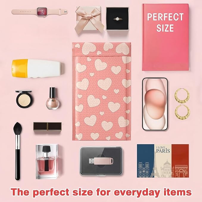 Tinlade 100 Pack Pink Bubble Mailers 6x10" Pink Heart Padded Envelopes Usable Size 6x9" Peel and Seal Waterproof Poly Mailers for Packaging, Shipping, Small Business, Boutique