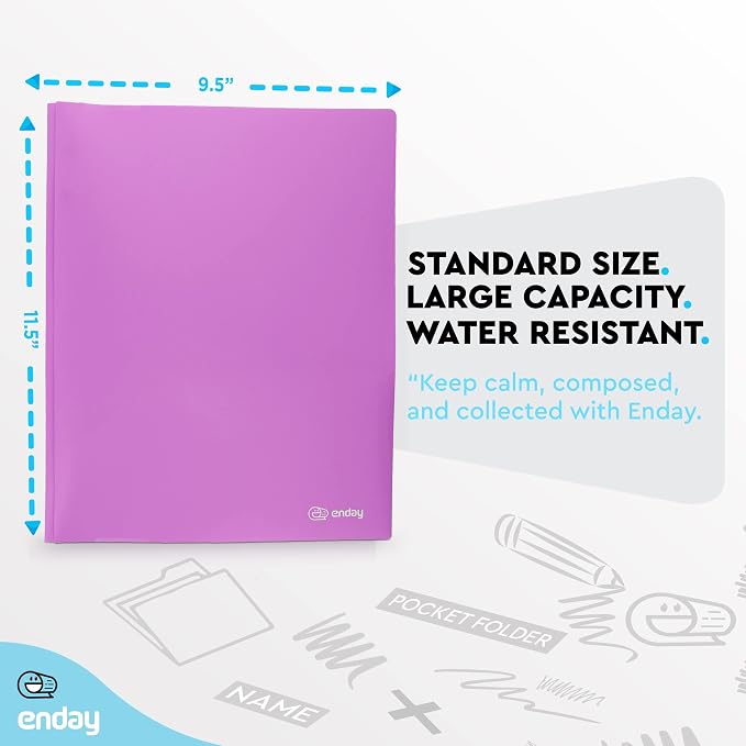 Plastic Folders with Pockets and Prongs Purple - Two Pocket Folder with Brads - 3 Prong Folders with Pockets for Letter Size Sheets, Also Available in Blue, Green, Red, Pink, and Grey, 1 Pc –by Enday