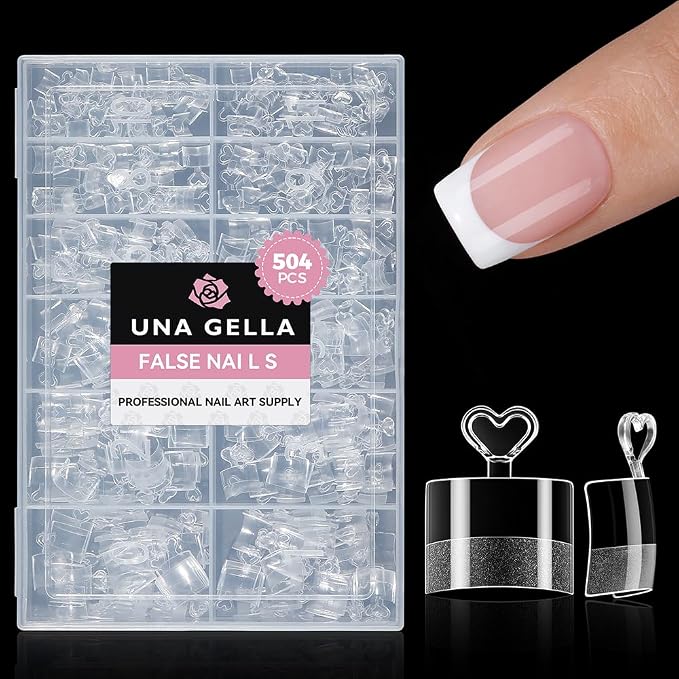 UNA GELLA Short Square Gel Nail Tips Half Cover 504PCS Pre-buff Acrylic Tip | Clear False Fake Nails No C Curve DIY French Style Nail Extentions Art Salon 12 Sizes Ideal for Daily Wear