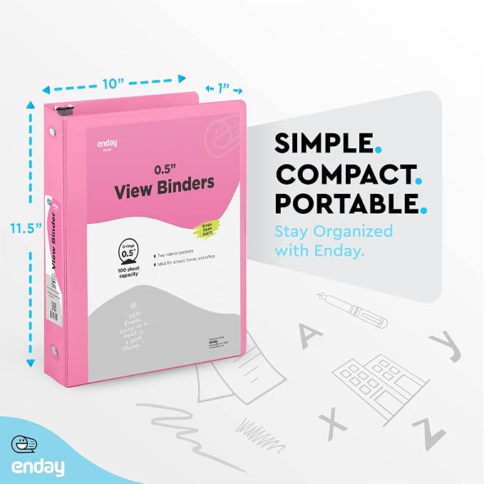 Enday 1/2 Inch Binder, Pink 3 Ring Binder, 0.5 Inch Heavy Duty Three Ring Binder, 100 Sheets Capacity - for Home School and Office