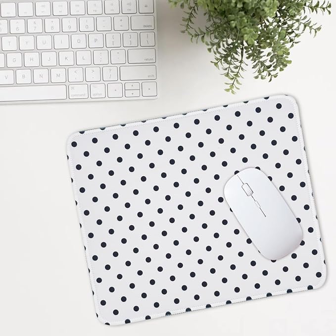 Mouse Pad for Desk with Stitched Edge, Premium Cute Washable Mouse Pads. Computer Mousepad with Non-Slip Rubber Base, Mousepads for Laptop, 9.25x7.75x0.12 inch (Black Polka Dots)