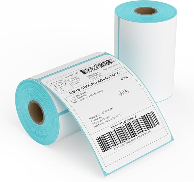 FungLam 2 Rolls 4x6 Direct Thermal Printer Labels 500 Shipping Labels Compatible with Zebra, Rollo Label Printer, Peforated Postage Thermal Labels, Permanent Adhesive, 250 Labels/Roll