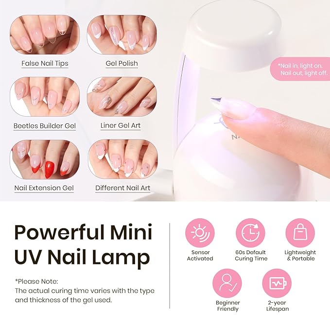 Beetles Tipex Instant Apex Nail Tips Kit, Almond Short, 224Pcs 16 Sizes, with Tipex UV Nail Glue Mini Nail Lamp,Pre-Building & Pre-Etched Thicker Acrylic Nails False Nail Extension
