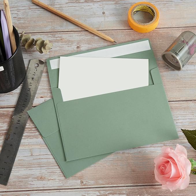 50 Pack 5 x 7 Envelopes Colored Self Seal for Wedding, Party Invitations, Greeting Cards, Announcements, Photos, 5.24 x 7.21 Inches (Sage Green)