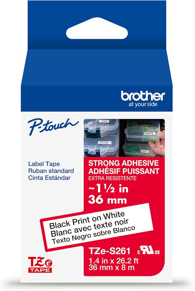 Brother Genuine P-Touch TZE-261 Tape, ~1 1/2" (36 mm) Standard Laminated P-Touch Tape, Black on White, for Indoor or Outdoor Use, Water-Resistant, 26.2 ft (8 m), Single-Pack