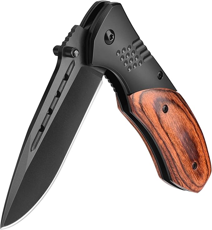 Pocket Knife for Men - Sharp Blade Wood Handle Pocket Folding Knives with Clip, Glass Breaker - EDC Knives for Survival Camping Hunting Fishing Hiking Women, Large, Black
