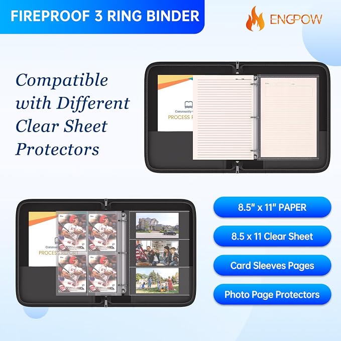 ENGPOW 3 Ring Binder,Fireproof 1.5 Inch D Ring Binder with Zipper,Holds 375 Sheets,Non-Stick,PVC-Free,Compatible with Clear Sheet Protectors,Portable School Office Home Safe Storage for Paper,Black