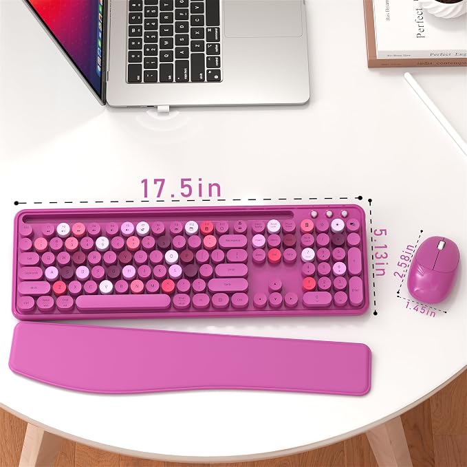 Wireless Keyboard and Mouse Combo with Phone Holder (Rose-Red) | MPTOG Colorful Typewriter Keys with Wrist Rest, , 2.4GHz Wireless, Full-Sized Optical Mouse for PC and Laptop