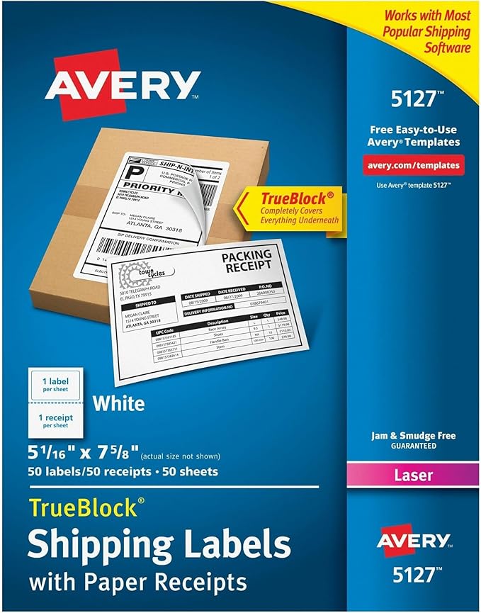 Avery Printable Shipping Labels with Paper Receipts, 5-1/16" x 7-5/8", White, 50 Blank Mailing Labels (5127)
