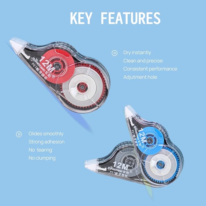 39.37ft Correction Tape with Dispenser, 6-Count Pack, Fast, Clean, Opaque and Easy-to-Use Tear-Resistant Correction Tape Bulk Office School Supplies, Blue, Red, Gray